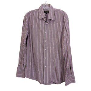 Harry Rosen Mens L Casual Button Up Shirt Olive Green Pink Striped Cotton Italy